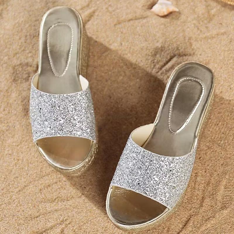 Lucyever Gold Silver Sequins Wedges Slippers for Women 2024 Summer Open Toe Platform Sandals Woman High Heels Slides Ladies 40