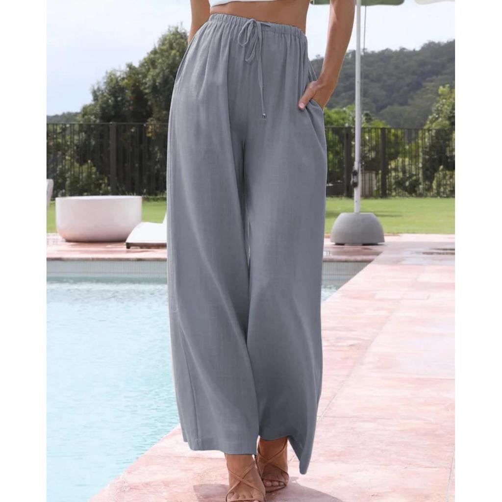 Summer Women's Casual Wide Leg Pants Loose Tie Front Pocket Solid Color Casual Ladies Work Casual Trousers