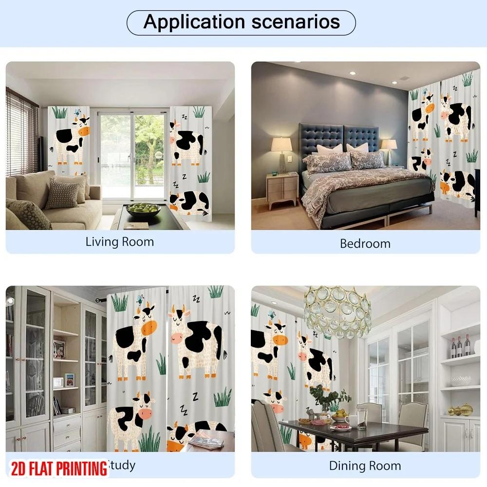 JIT 2pcs Cartoonish Cow Pattern Curtains   Room Darkening   Polyester   Kids Room Window Decor   Farmhouse Decor   Rod Pocket Curtain