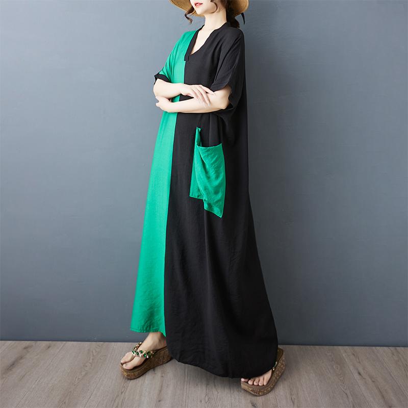 Dimanaf New 2025 Plus Size Summer Dress Women Vintage Casual V-Neck Pocket Long Dress Loose Dress Maxi