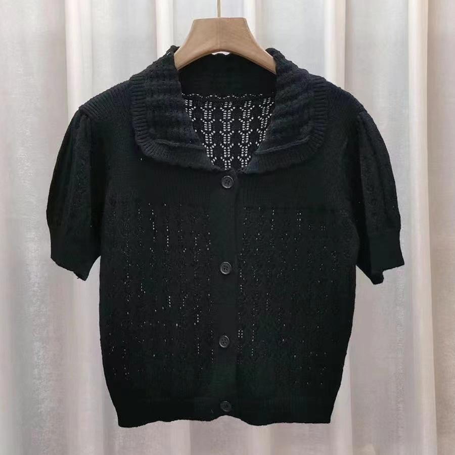 

Милый ажурный вязаный свитер женский летний дизайн нежный ветер японский короткий топ повседневный базовый комфорт и стиль облегающие пуловеры футболки One Size чёрный