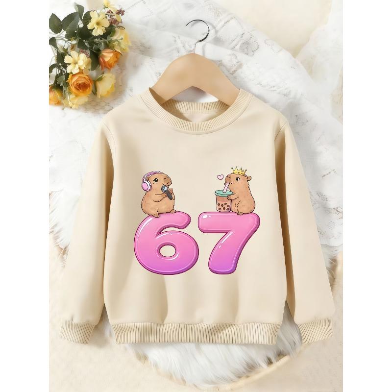 Unisex Kids Crewneck Sweatshirt, Cute Capybara Bubble Tea Pink 67 Number Print Pullover, Boys Girls Cartoon Sweatshirt For Kids Over 4 Years Old