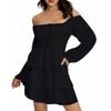 Women's Fashion Off-Shoulder Tie-Detail Pleated Long-Sleeve Fitted -Color Short Dress