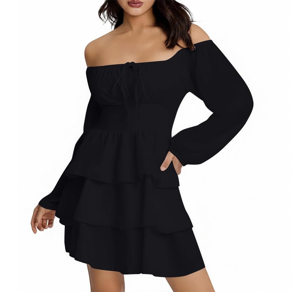 Women's Fashion Off-Shoulder Tie-Detail Pleated Long-Sleeve Fitted -Color Short Dress