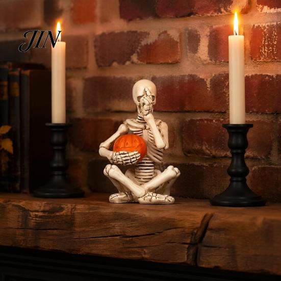 Miniature Horror Statue Vintage Skeleton Holding Pumpkin Statue, Halloween Resin Figurine, Gothic Unique Props Desktop Ornament for Entryway