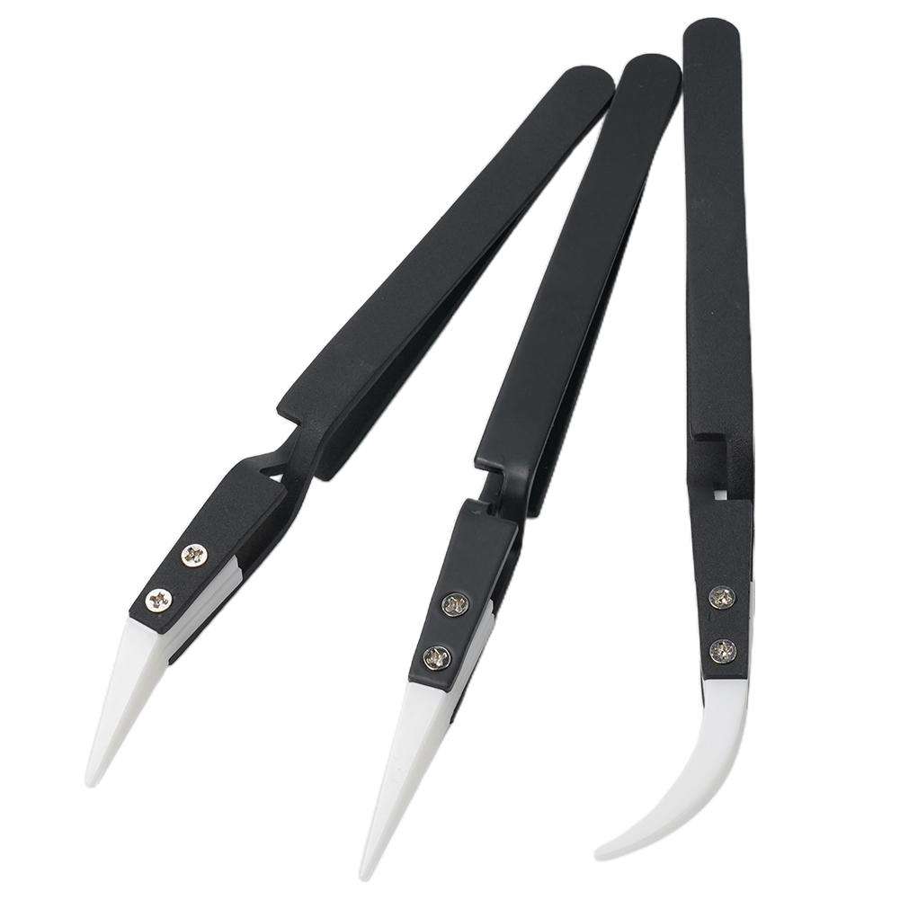 Ceramic Tweezers Tweezers 3 Pcs Anti-Static Electronic Soldering Reverse Acid Resistant Straight Tip Black Handle