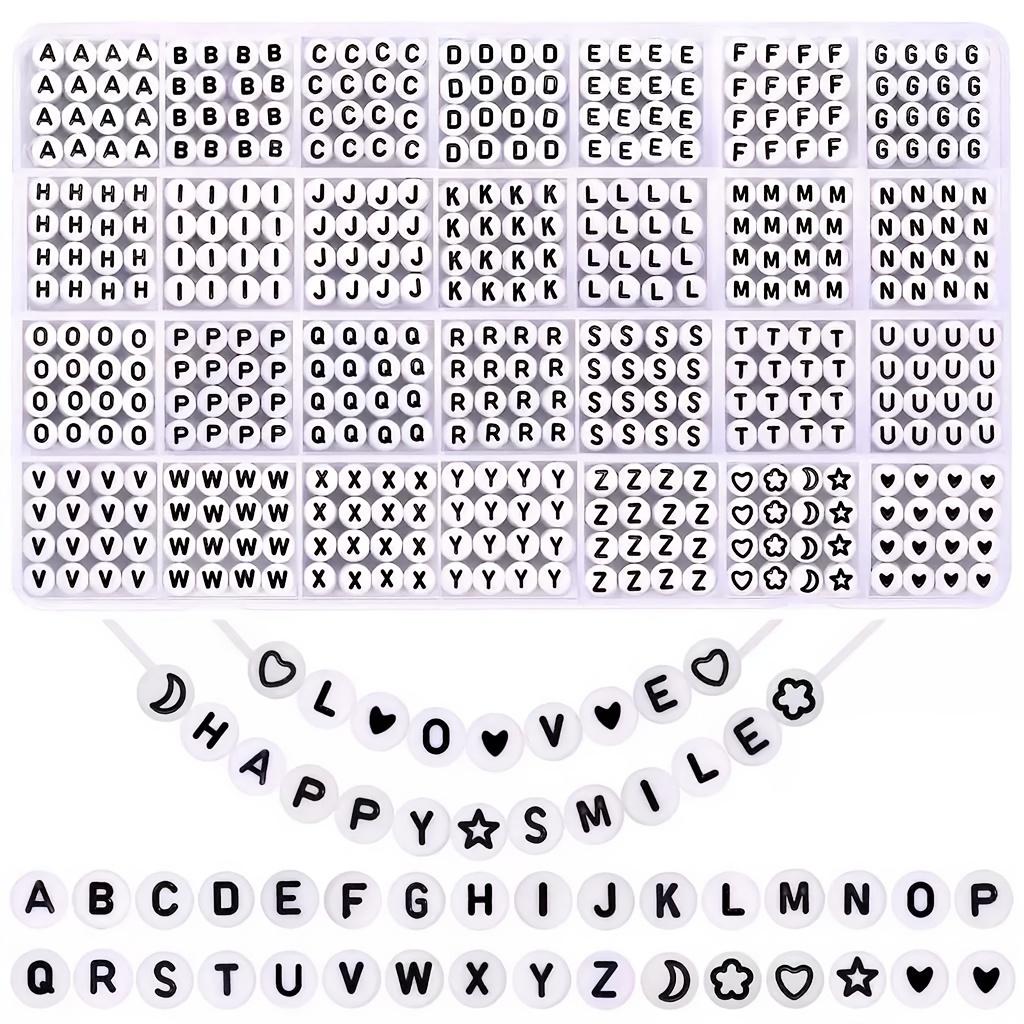 A Set of 1400 Round Letter Beads for Jewelry Making, Including 31 Styles of White A-Z Acrylic Letter Beads and Heart-shaped Beads