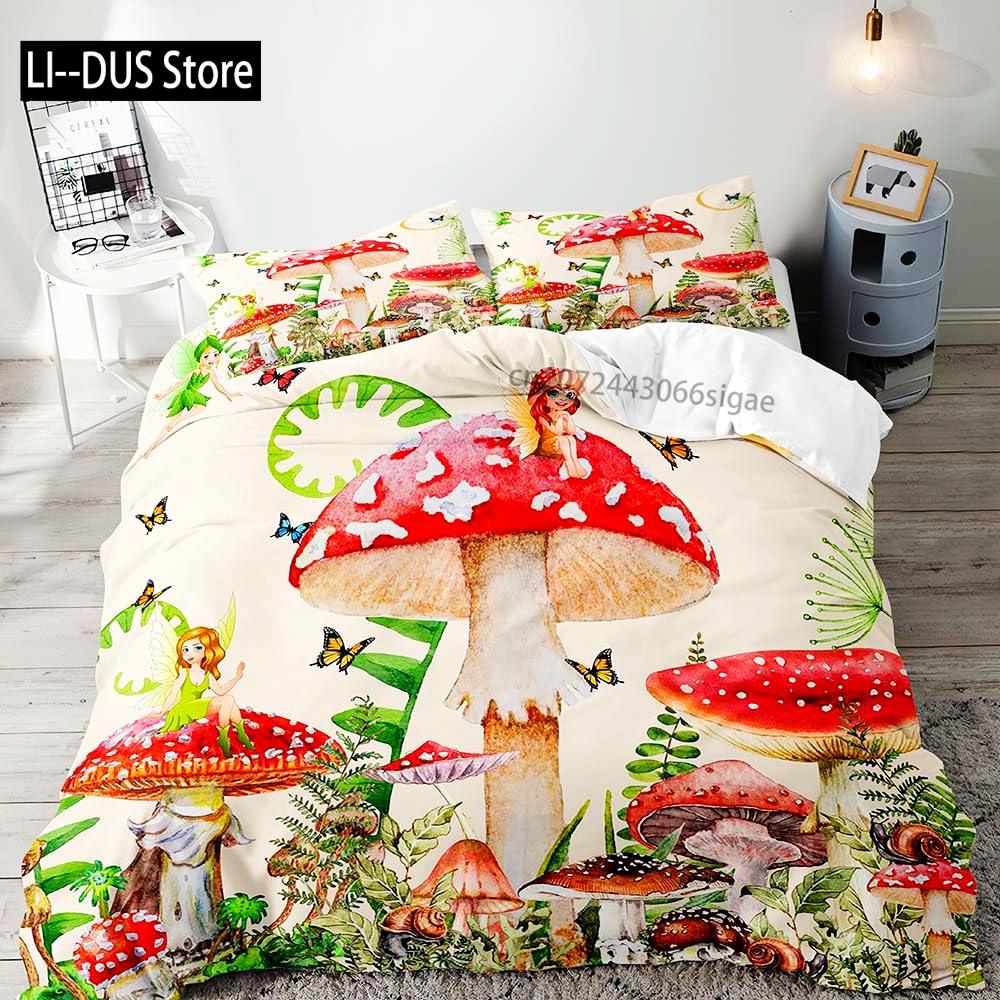 White Mushroom Bedding Set Duvet Cover Full Size Green Plant Botanical Comforter Quilt Cover 2 Pillow Shams for Women Girls
