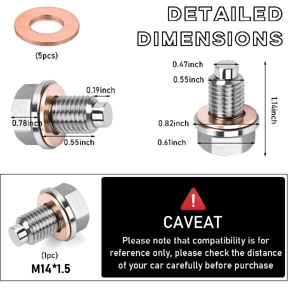 M14×1.5 Magnetic Oil Drain Plug, Aluminum Stainless Steel Sump Drain Nut Bolt with 5 Copper Crush Washer, Universal Leak-proof Replacement Car