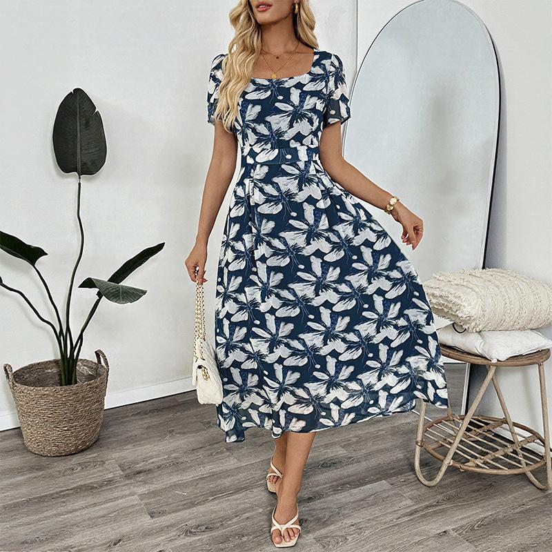 

JKASHDK Женская мода лето весна цветочный узор принт короткий рукав квадратный воротник Высокая талия повседневные платья XL синий