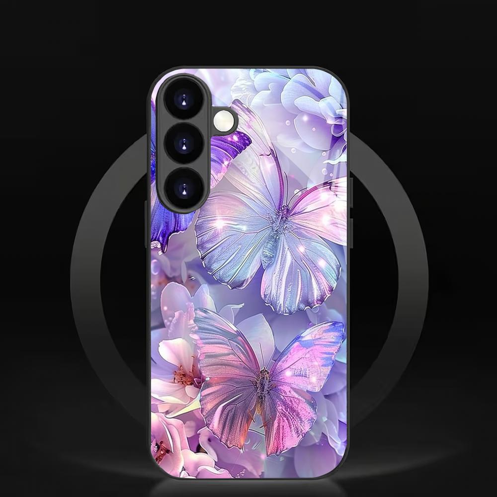 Funda de teléfono de vidrio templado con mariposa morada clara adecuada para Samsung Galaxy S26 S25 S24 S23 S22 S21 S20 FE/Ultra/Plus anticaída