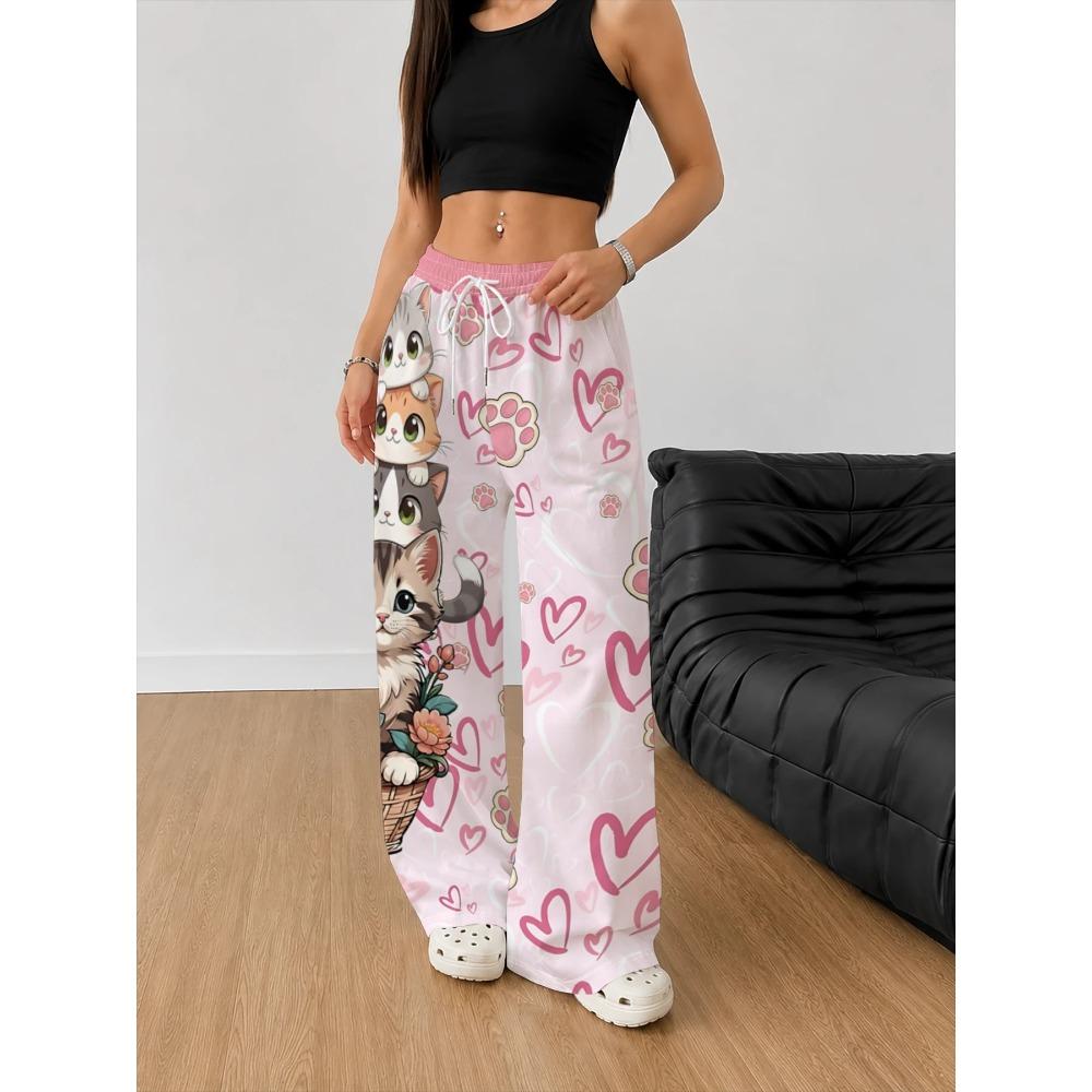 Women's Loose Fashion Casual Sports Wide-leg Pants Cartoon Cat Love Print Spring and Autumn Outdoor Long Sweatpants