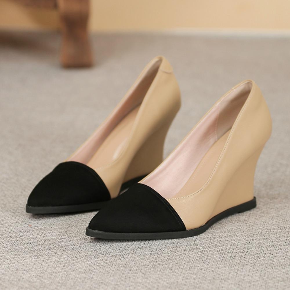 Women Leather Pointed Toe Wedges High Heel 5cm-8cm Slip on Comfortable Soft Sole Work Shoes Wide Heels Women Pumps Women Shoes