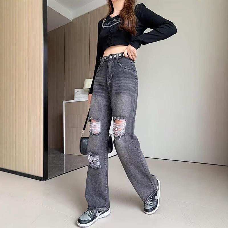 

High-Waist Ripped Wide-Leg Jeans for Women - Korean Style, Slimming, Adjustable, Floor-Length Pants 2XL синій