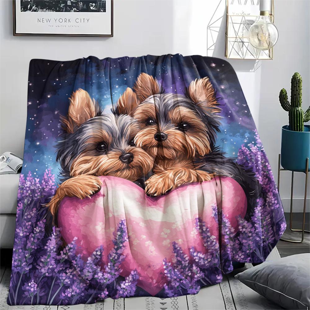Yorkshire Terrier and Hearts pattern Flannel Blanket, High quality Comfortable for All Seasons, Home Decor, Warmth and Comfort, Perfect for Gifts.