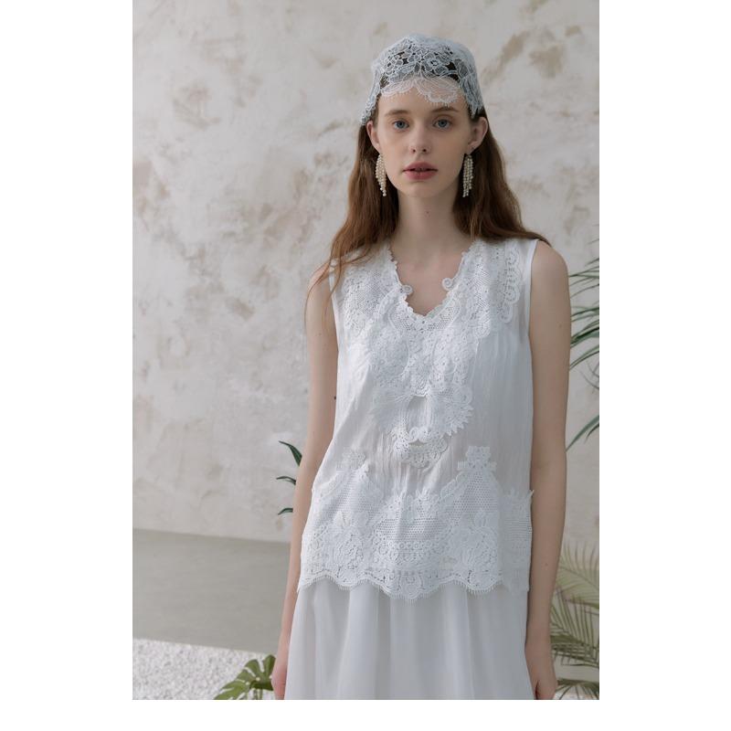 DIMANAF 2026 Neues Weste-T-Shirt Damen Spitze Rundhalsausschnitt Ausgeschnitten Sommerstil Basic Tops T-Shirts Lockere Weste