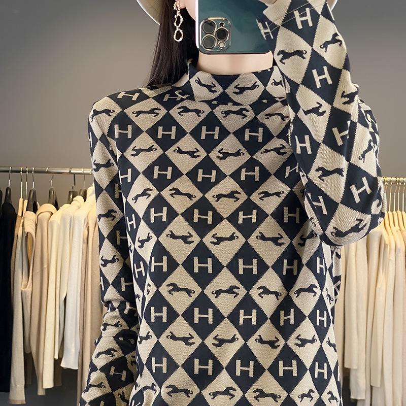 

Женская базовая футболка с полувысоким воротником из немецкого бархата, новая, на весну, осень и зиму, женский термотоп с принтом и длинными рукавами XXL