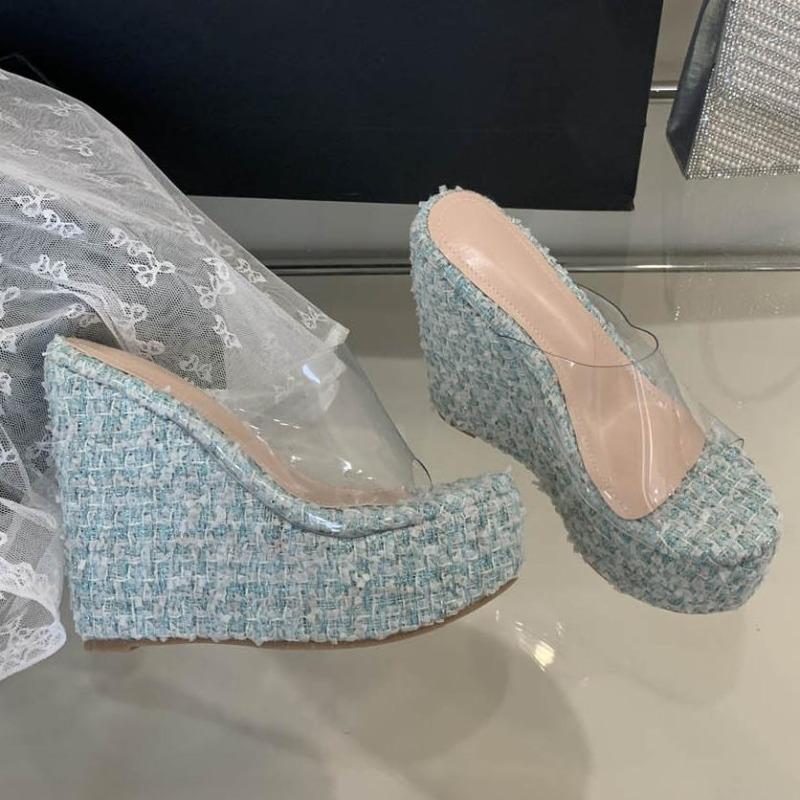 Mode Sommer Mode PVC Transparent Plateau Keilabsatz Damen Hausschuhe Offene Zehen Bankett Party Damenschuhe 13CM Zapatos De Mujer