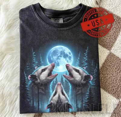 Three Possum Moon Shirt, Funny Opossum Howling At Moon Tee, Vintage 90s Graphic T-Shirt, Live Fast Eat Trash Gift, Parody Meme, Feral Core