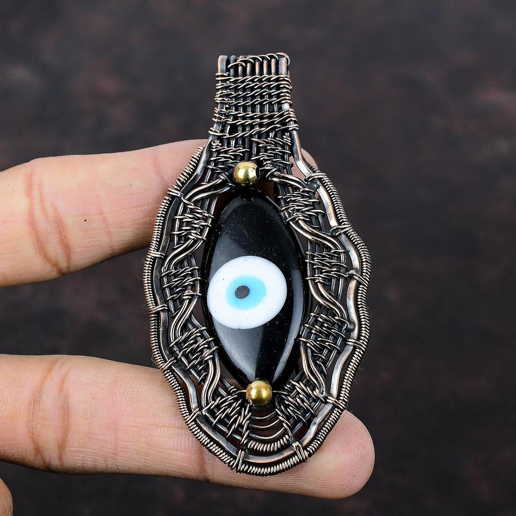 Black Color Evil Eye Pendant Copper Wire Wrapped Pendant Gemstone Jewelry Handmade Pendant Elegant Pendant Copper Wire Jewelry Gift For Him