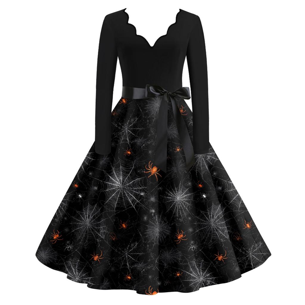 Women's Casual Fashion Long Sleeve Halloween Graphic Printed Vintage Long Dresses