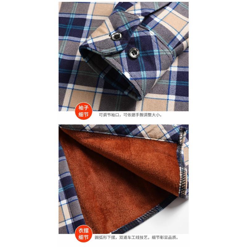 Men Fleece Lined Thick Warm Stand Collar Long Sleeve Plaid Casual Business Shirt