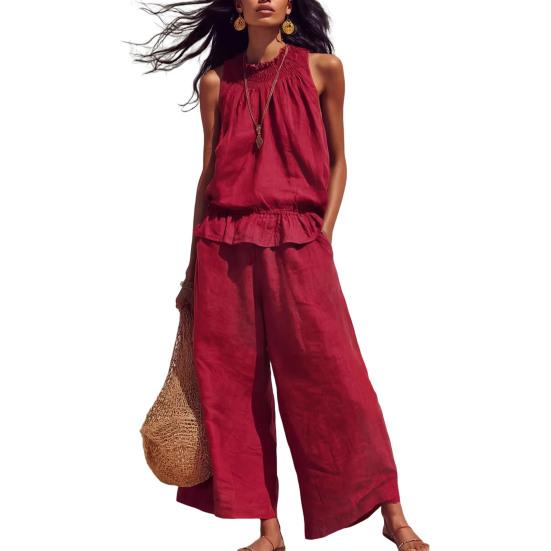 

2Pcs/Set Summer Women’s Outfit Western-style Vintage Bohemian Ruffled Cotton-linen Suit Fashion Loose Outfit XXL червоний