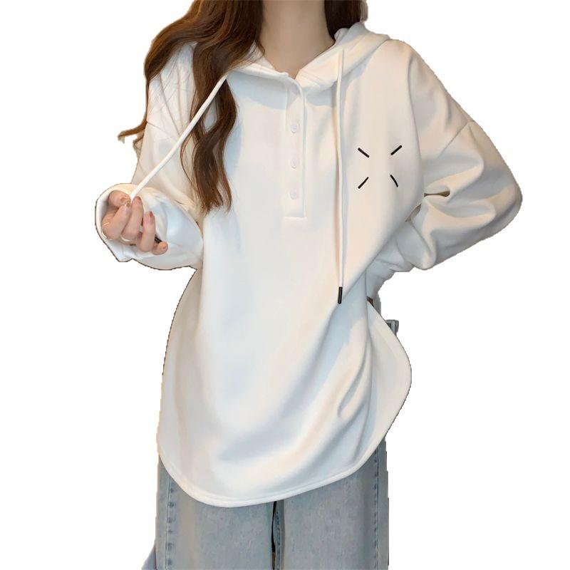 Women's Double-Sided Fleece Hooded Button-Up Loose Long-Sleeve T-Shirt, Slimming Trendy Top - Autumn/Winter 2025