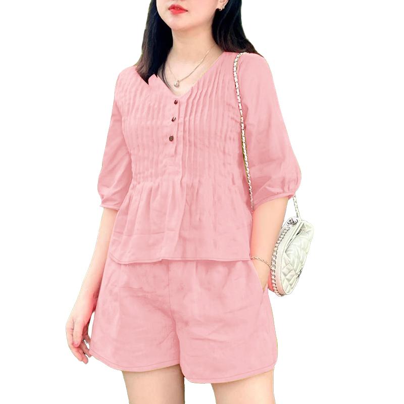 

ZANZEA Женская блузка с рукавом три четверти и шорты Летние костюмы-двойки 5XL розовый