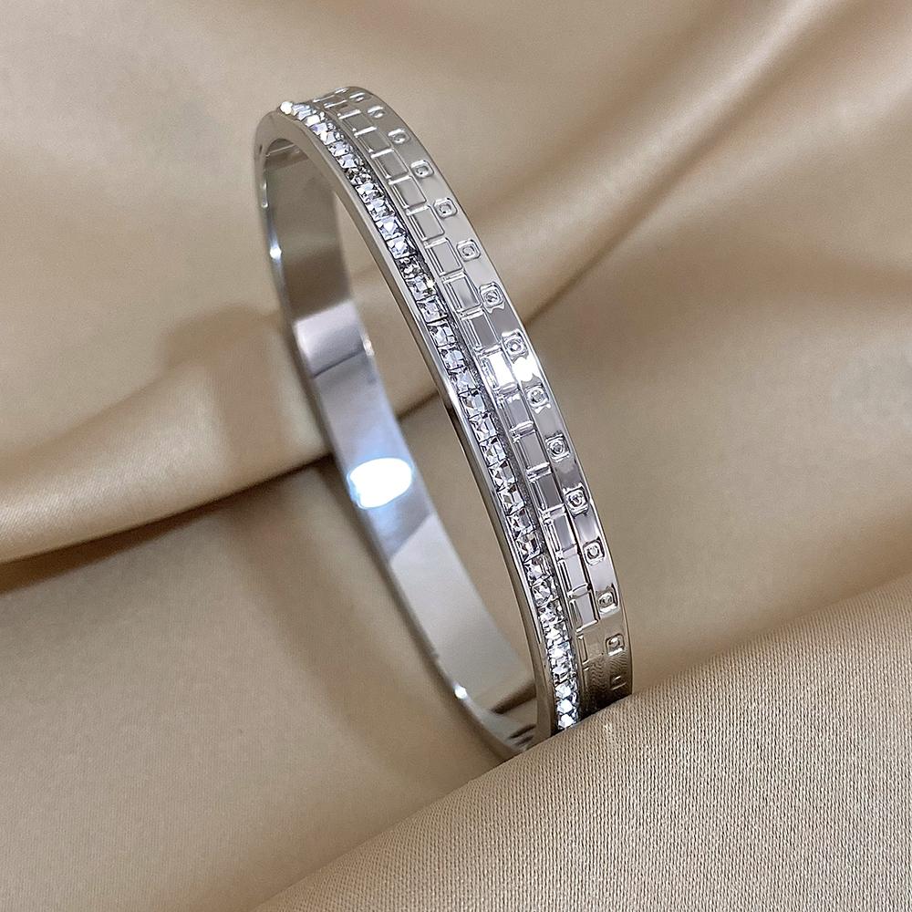 

Simple White Zircon Stainless Steel Bangles Bracelets for Women Cuff Wristband Waterproof Wedding Jewelry Gifts Accessories
