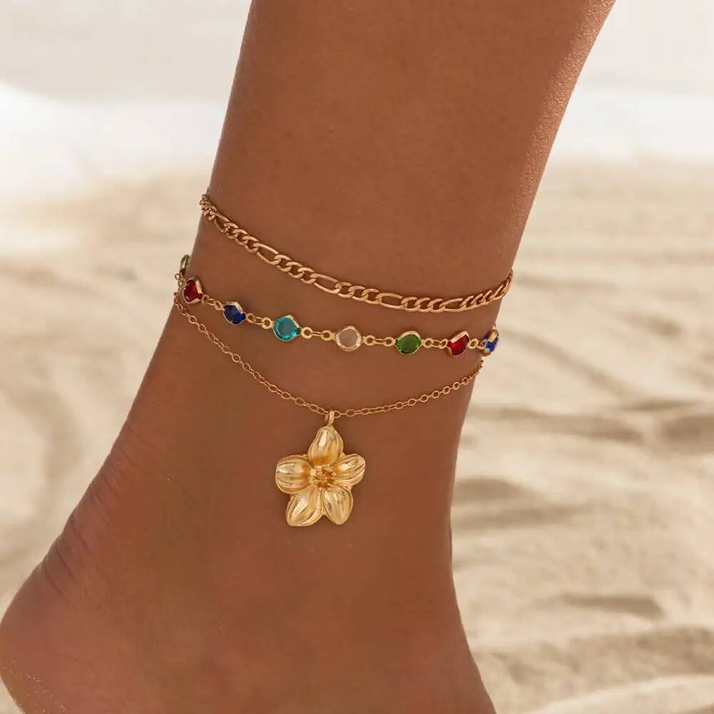 SHIXIN 3 Piezas Tobillera Exquisita Boho con Colgante de Flor de Zirconia para Mujer Moderna Cadena de Pie Multicapa Color Dorado Joyería de Playa Regalo