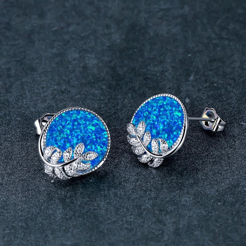 Gold round blue leaf stud earrings femininity simple micro zircon premium jewelry