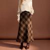 2025 Autumn/Winter Women's Woolen Plaid A-Line Long Skirt with Frayed Hem