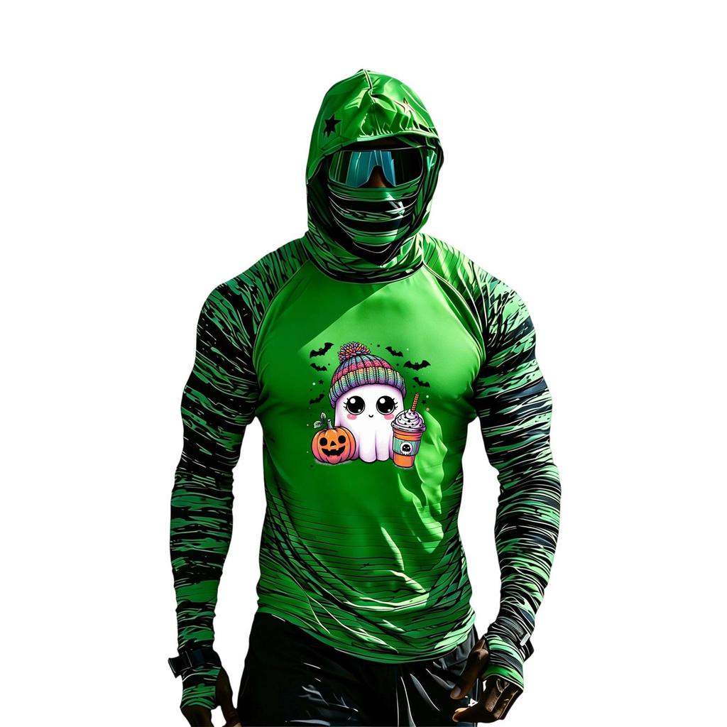 Men's Casual Long Sleeve Hooded Raglan Sun Top with Colorblock and Halloween Print