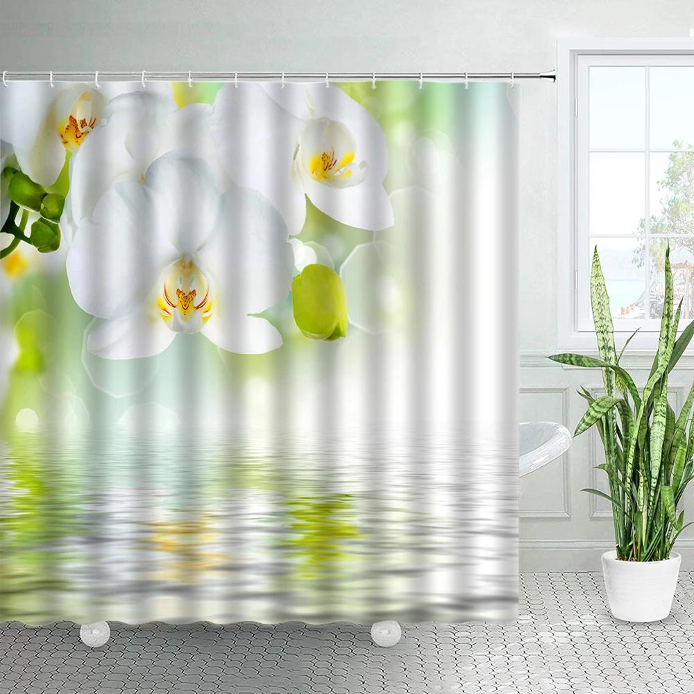 White Orchid Floral Shower Curtains Sets Rural Natural Flowers Zen Spa Plants Bathroom Fabric Bath Curtain With Hooks Home Decor
