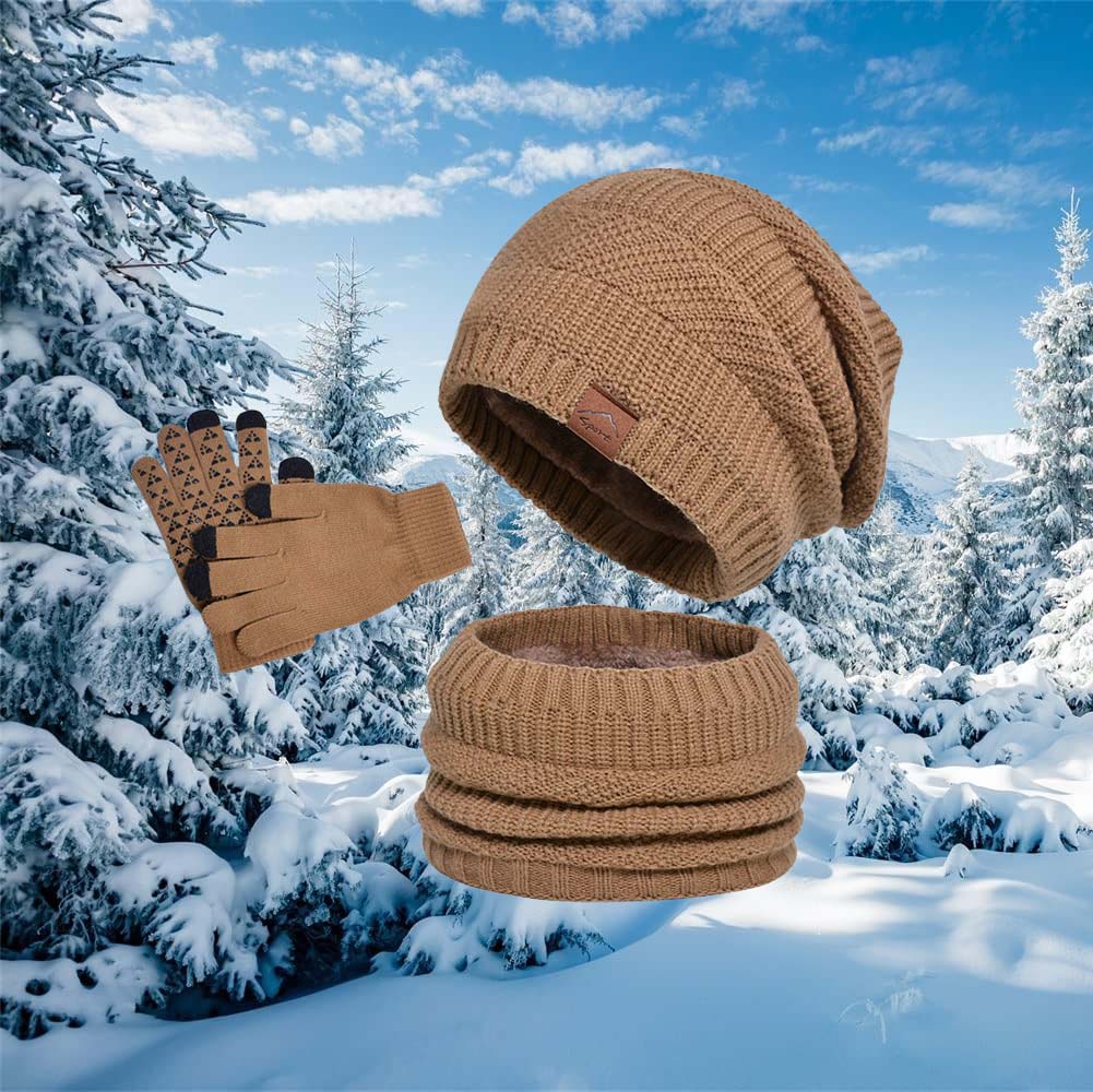 1 Sett Vinterlue Skjerf Hansker, Varm Strikket Vinterlue Berøringsskjermhansker Halsvarmer Sett Passer for Både Menn og Kvinner Voksne