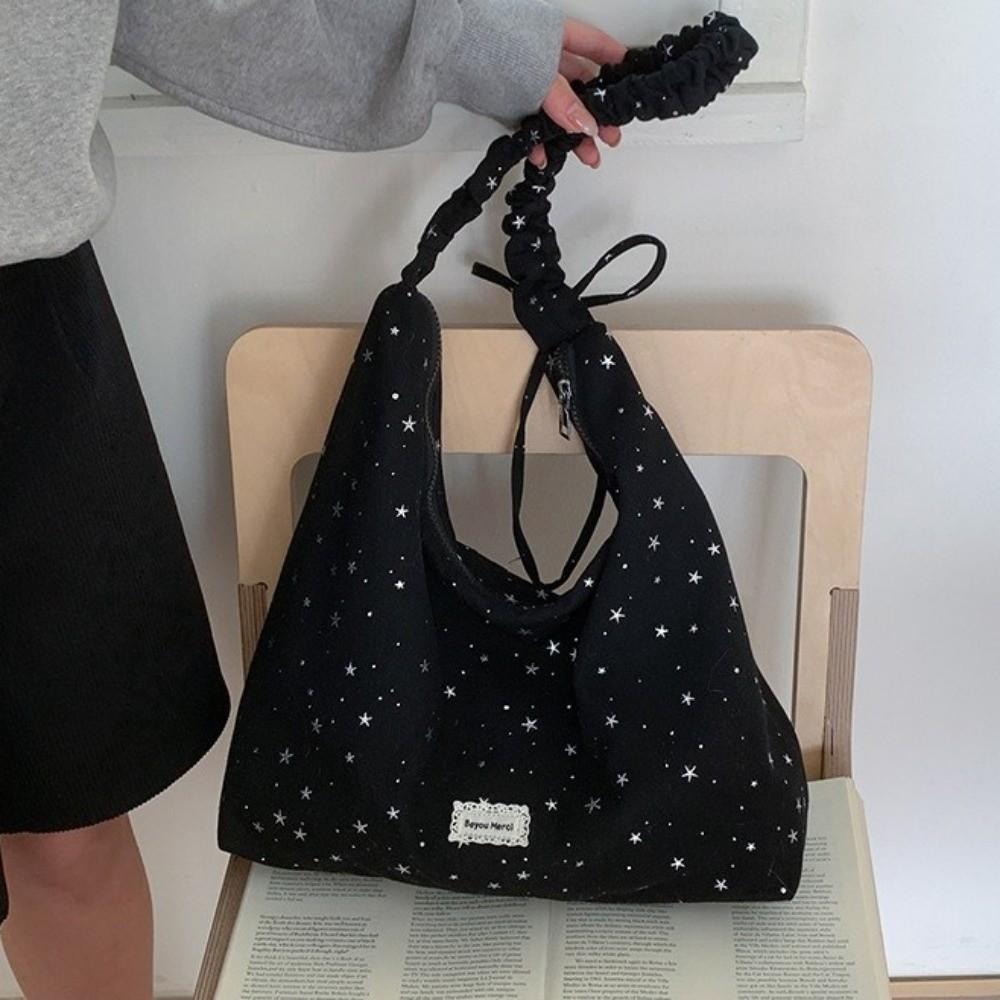 Retro Korean Style Polka Dot Shoulder Bag Large Capacity Canvas Bow Tote Bag Star Element Casual Women Handbag Daily Use