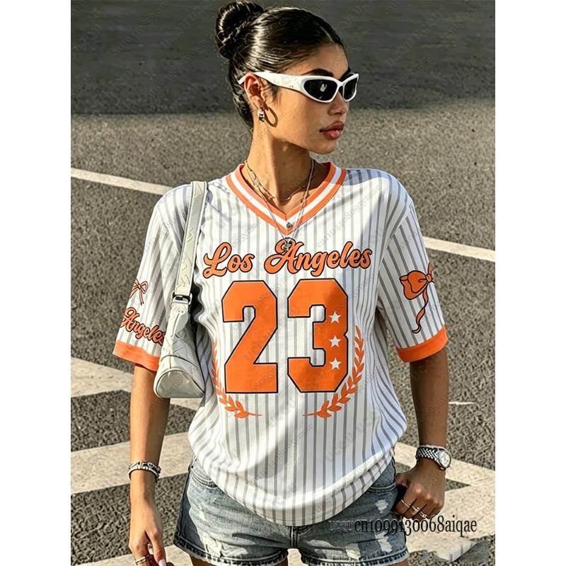 Summer New Los Angeles 23 Print Stripe T-shirt For Women V-Neck Short Sleeve Tees Sports Football Jersey Y2K Loose Oversized Top