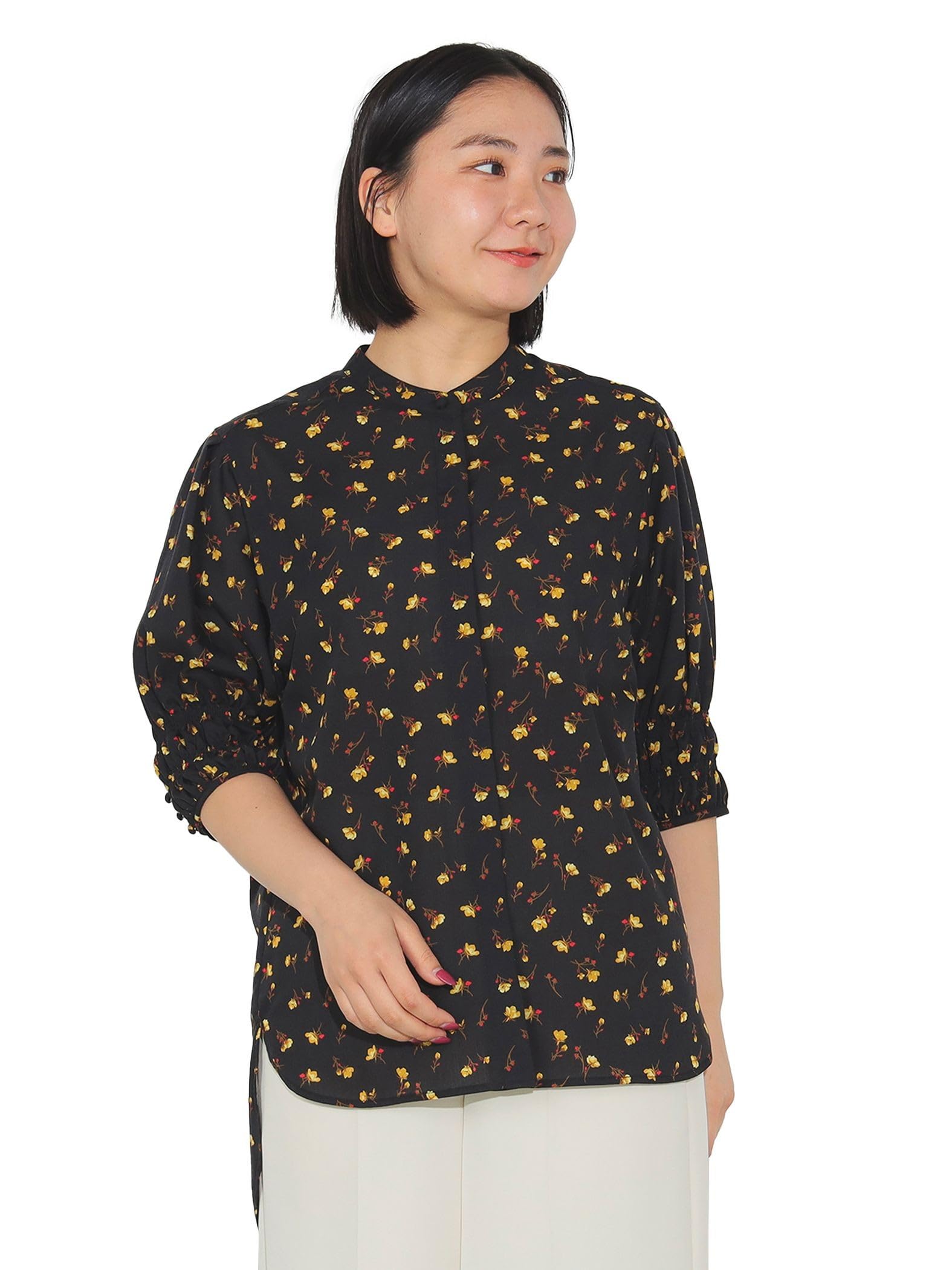 

Beams Heart Рубашка женская с коротким рукавом, блузка, черная, с цветочным принтом, присборенная, размер единый