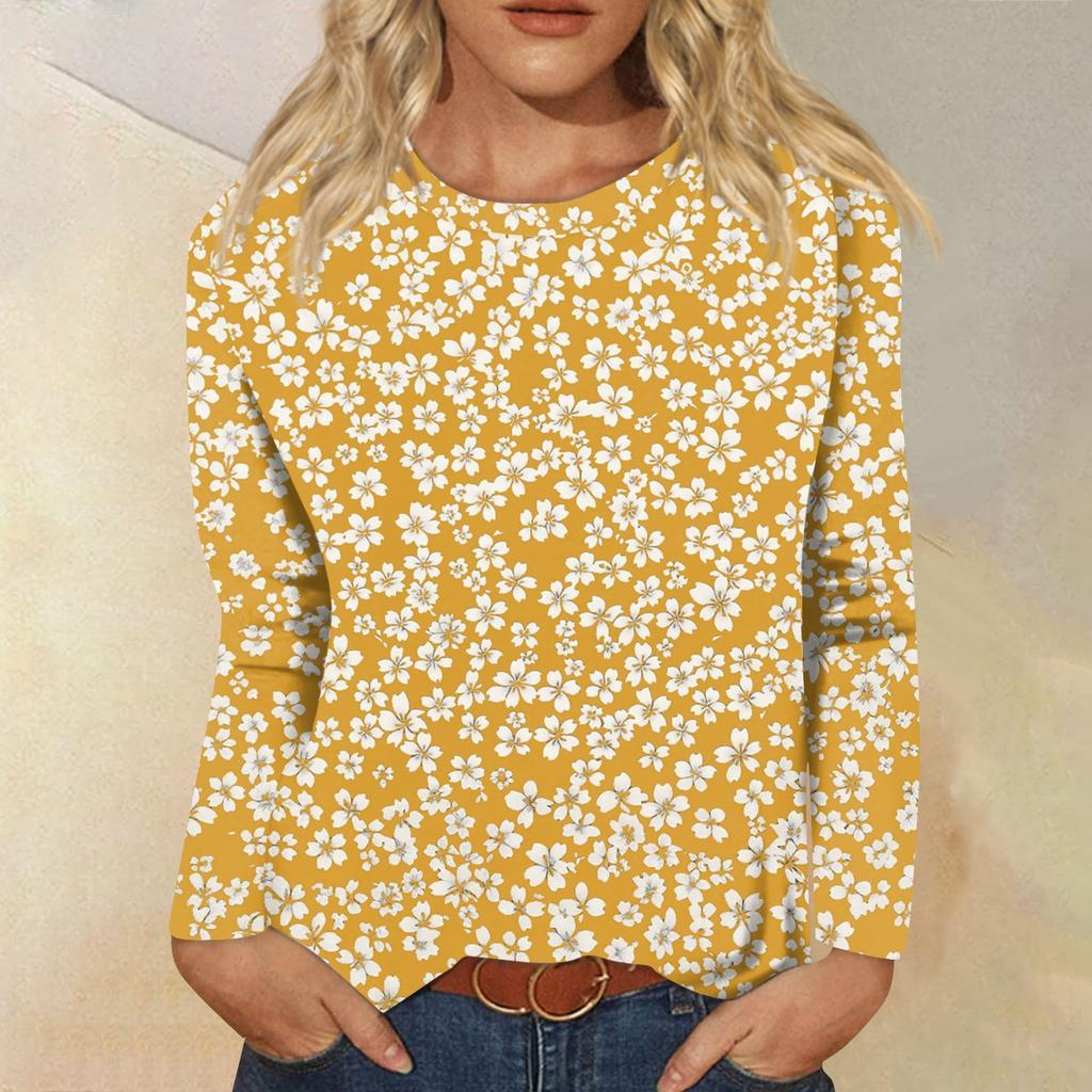 Women's Fashion Casual Long Sleeve Flowers Print Round Neck Top