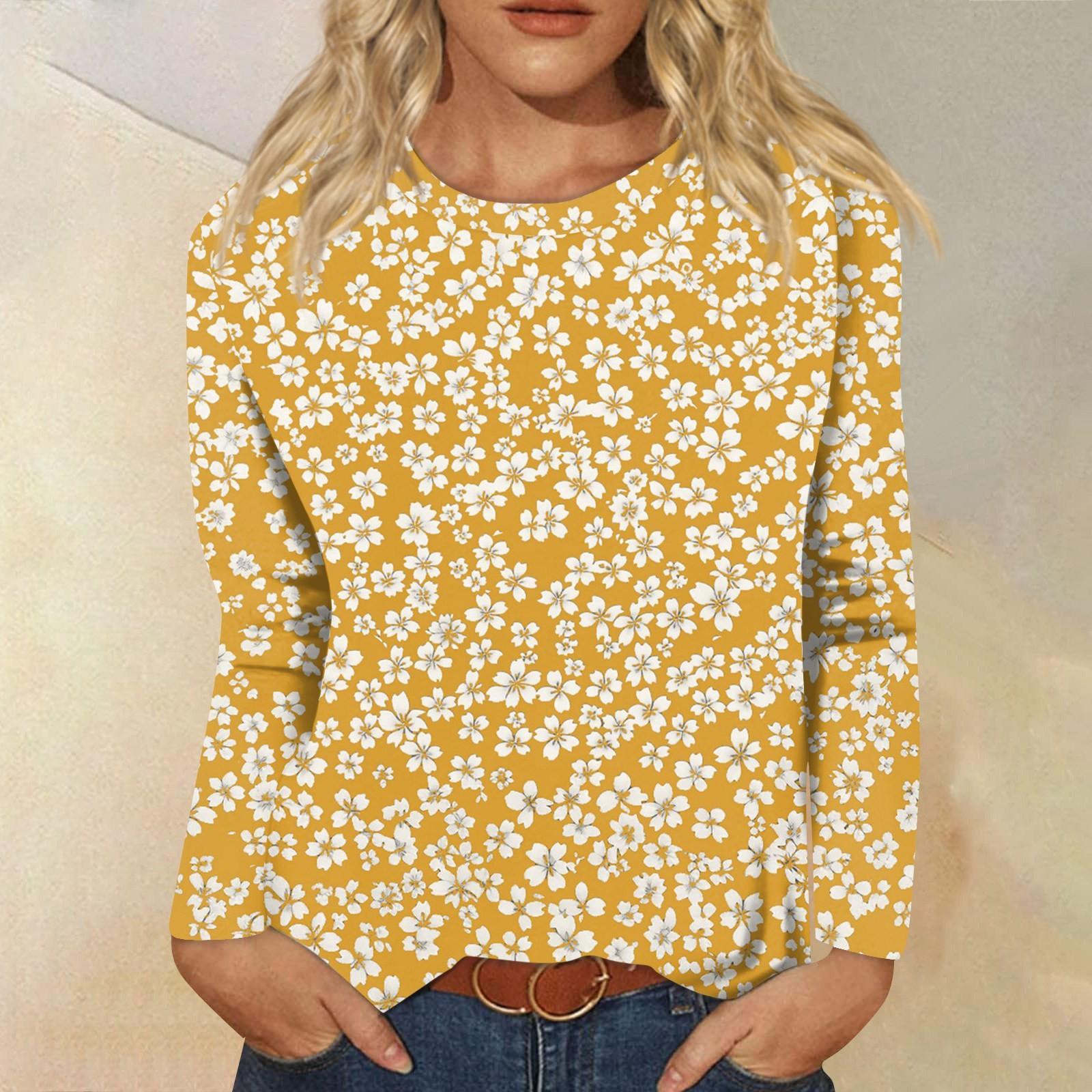 

Женская мода повседневная с длинным рукавом и цветочным принтом с круглым вырезом XL жёлтый
