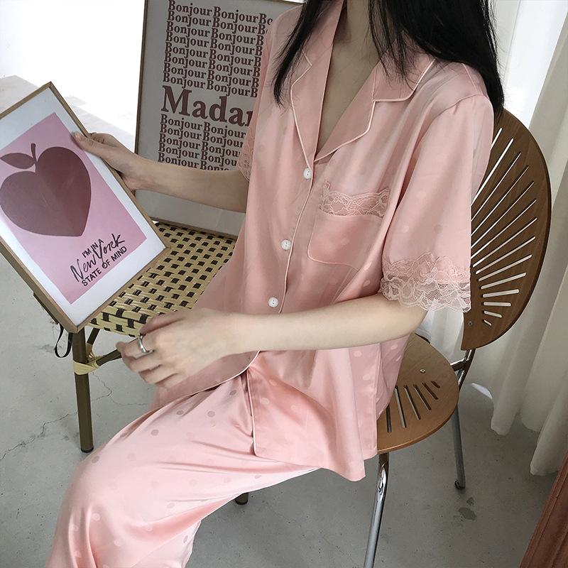 

Женский летний костюм для пижамы из ледяного шелка, тонкий стиль, брюки с короткими рукавами в горошек, домашний комплект из двух предметов 2XL