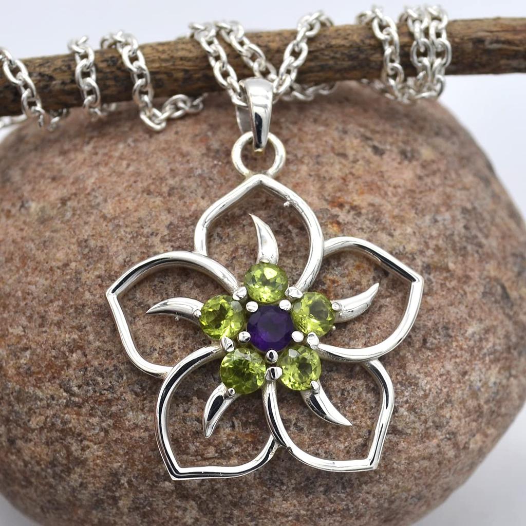 Round Cut Peridot & Amethyst (1.1 Cts) Flower Design Pendant Necklace Solid 925 Sterling Silver Gemstone Pendant with Chain Jewelry For Women or Girl
