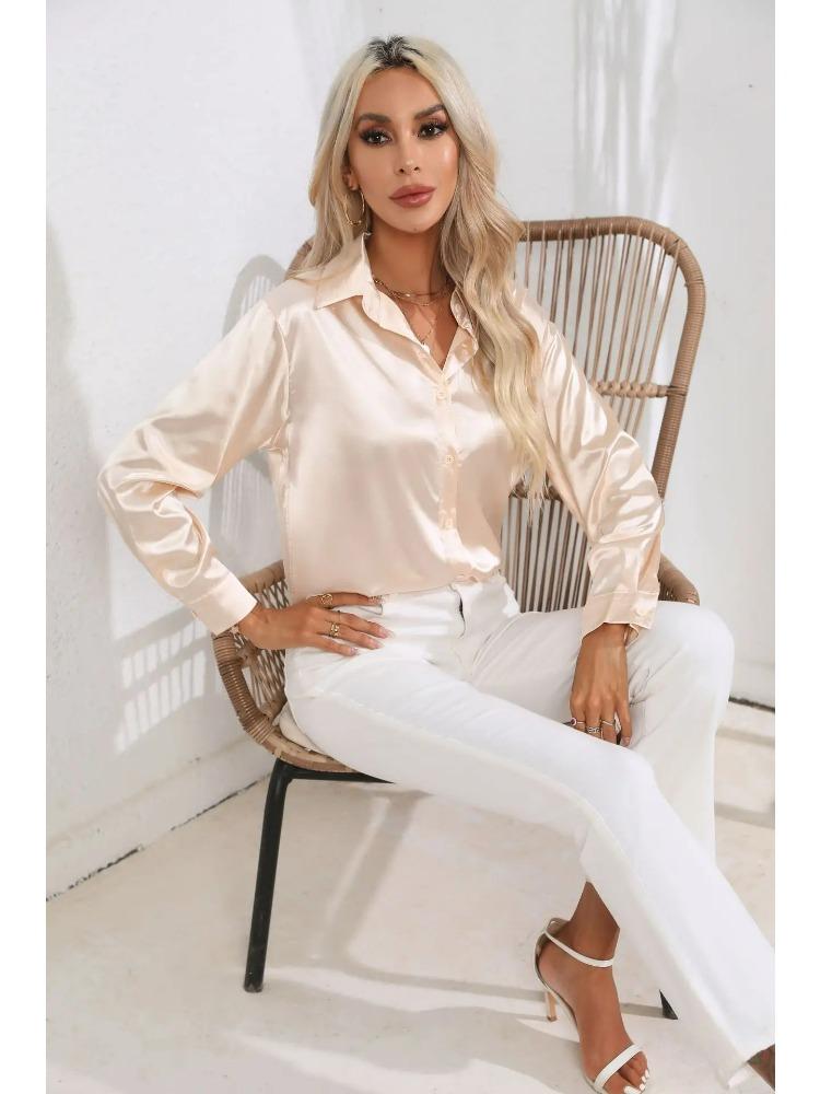 

Elegant Women s Satin Imitation Silk Long Sleeve Shirt Autumn/Winter Solid Office Lady Lapel Button Blouse Women Clothing S-XXL XXL