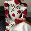 Women's Elegant Long Sleeve High Neck Red Rose Print Top, Slim Fit H Shape Machine Washable, Spring/Autumn Wear Top