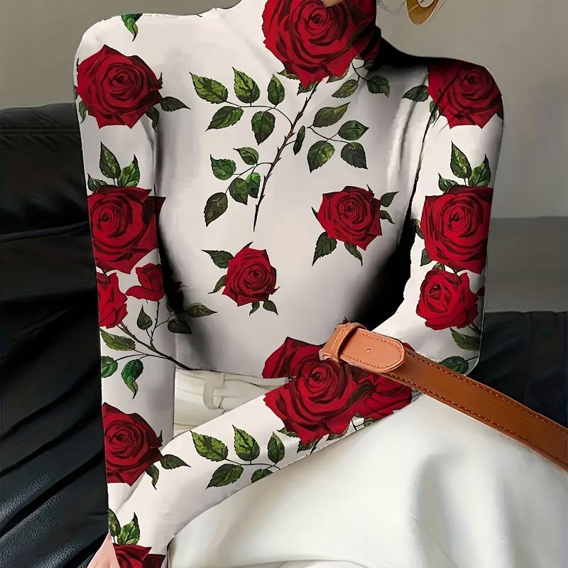 Women's Elegant Long Sleeve High Neck Red Rose Print Top, Slim Fit H Shape Machine Washable, Spring/Autumn Wear Top