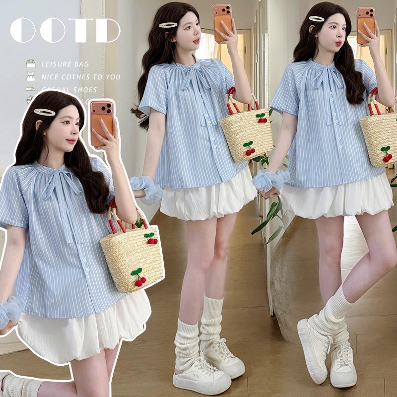 

2026 Summer Maternity Two-Piece Set: Tie-Up Shirt & Belly Support Skirt 2XL
