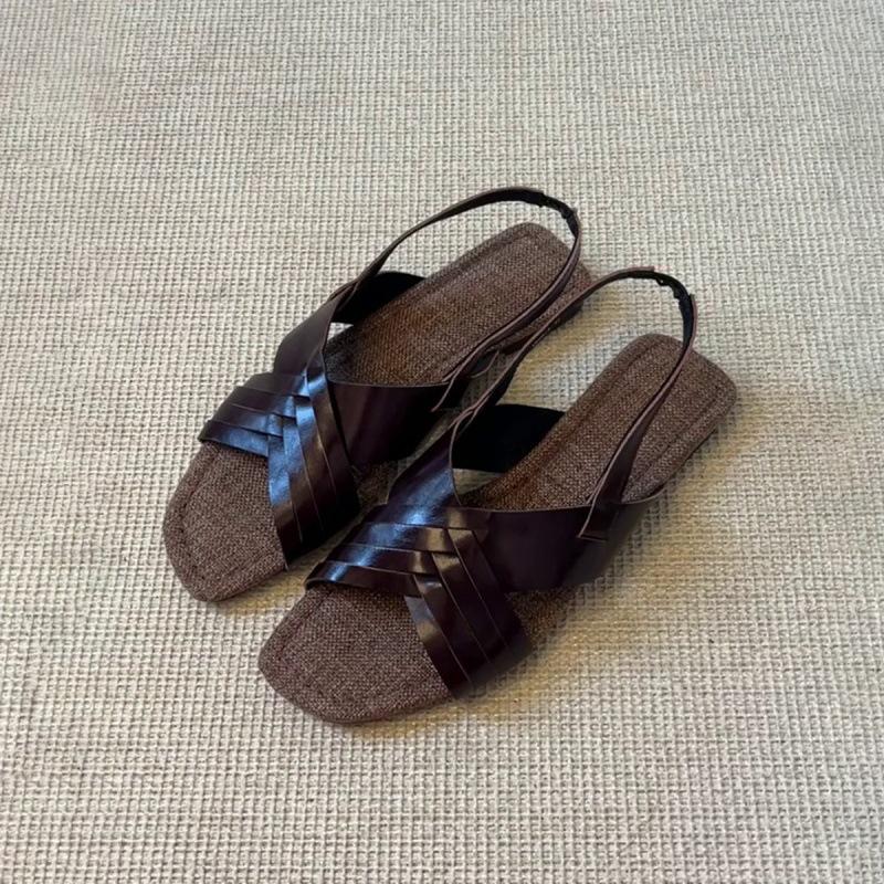 Sheepskin version~ Vintage woven cross-strap flat-soled Roman shoes back strap versatile square head casual open-toed sandals women