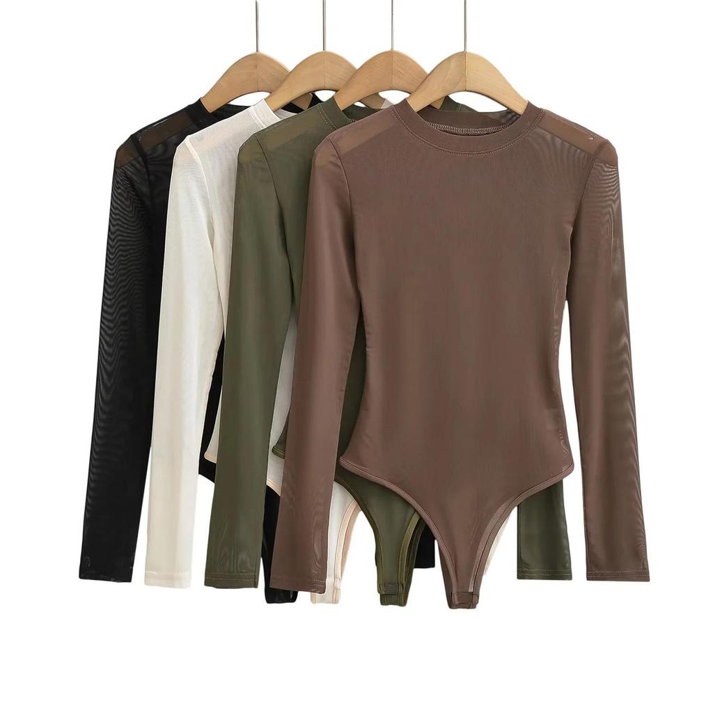 Autumn Women's Slimming Mesh Bodysuit - Sheer Round Neck, Long Sleeve