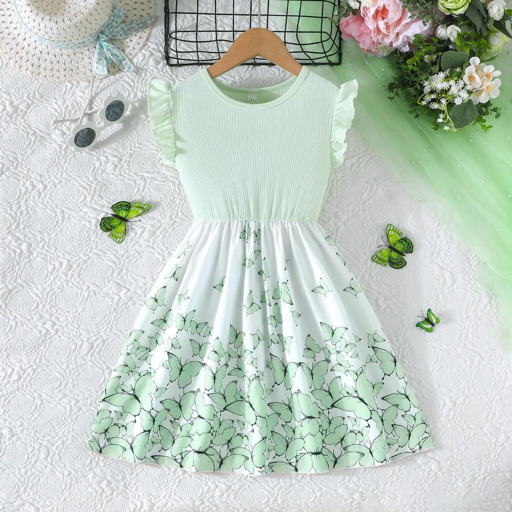 Girls' Sleeveless Butterfly Print Dress & Belt Set